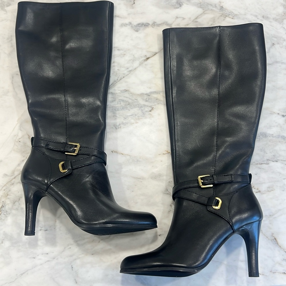 Ralph Lauren Black Leather High Rise Boots NWT Size 7.5B Wide Calf